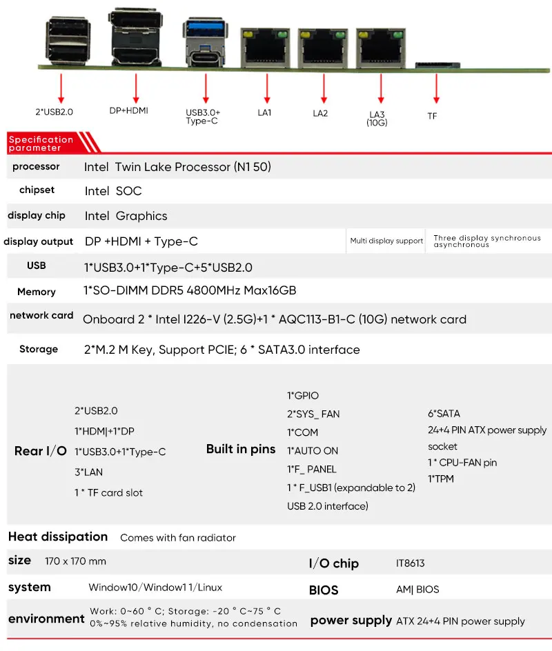 เมนบอร์ด NAS Intel Twin Lake N150 6-Bay 4 คอร์ 1*10G 2*2.5G LAN 6*SATA3.0 2*NVMe 1*DDR5 Firewall ITX เมนบอร์ดโฮมเซิร์ฟเวอร์