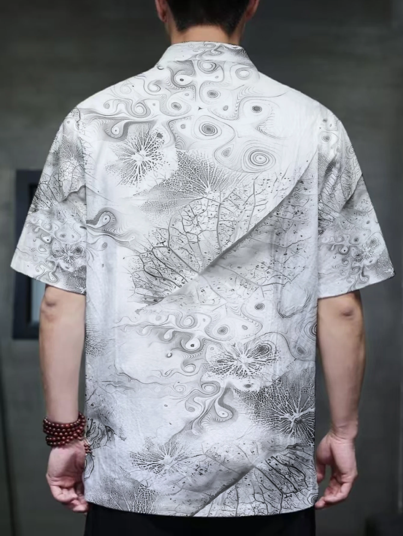 Men Mandarin Collar Frog Button Short Sleeve Shirt Retro Oriental Full Print Casual Outer Top With Dual Side Pockets