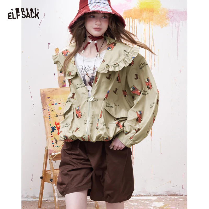 

ELFSACK Romantic Printed Jacket with Ruffled Drawstring Neckline, Lightweight Vintage Floral Sun Protective Blouse, Relaxed Top