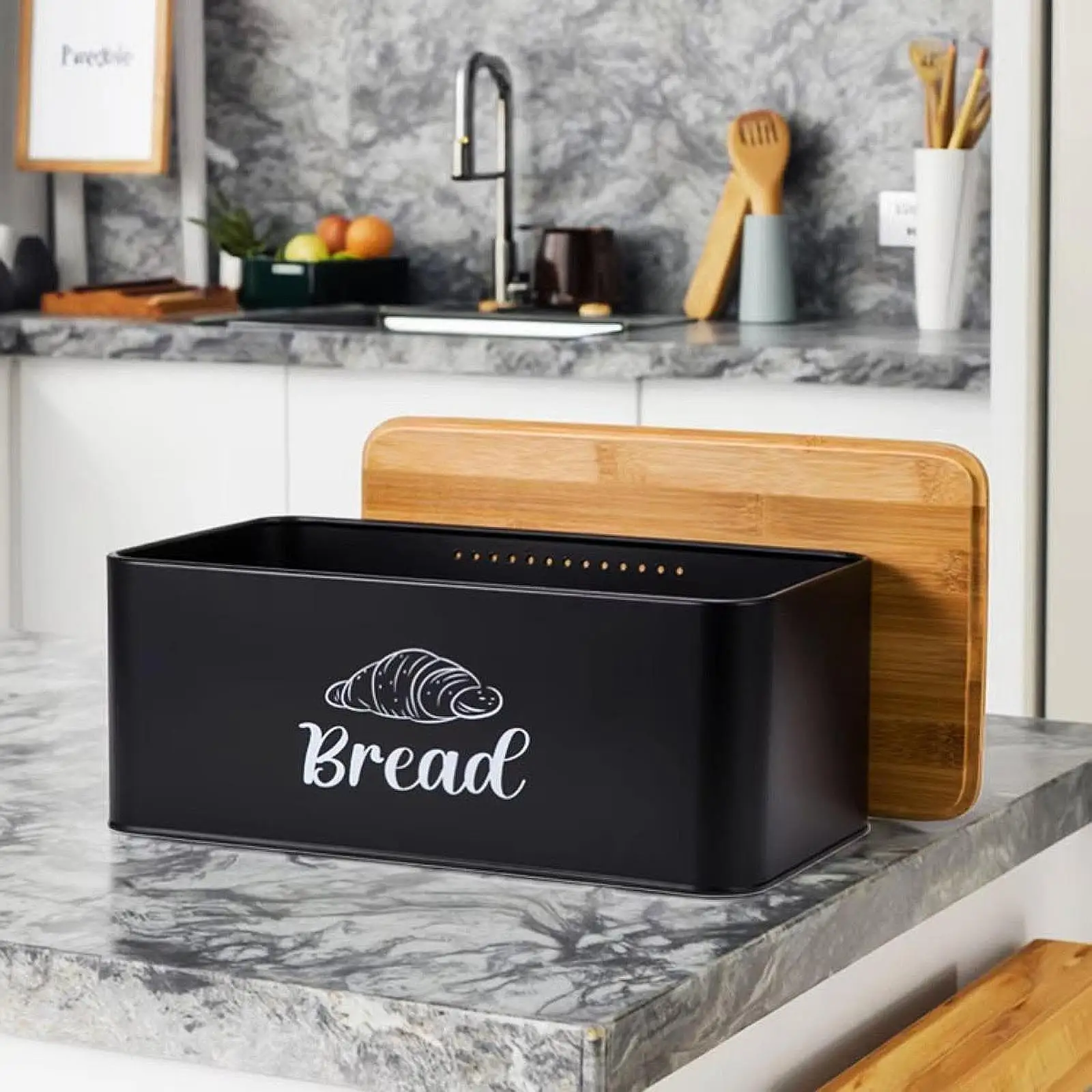 Kitchen Countertop Bread Box with Bamboo Lid Sturdy Carbon Steel Bread Bin Storage for Toast Bagel Donut Cookies Pastry