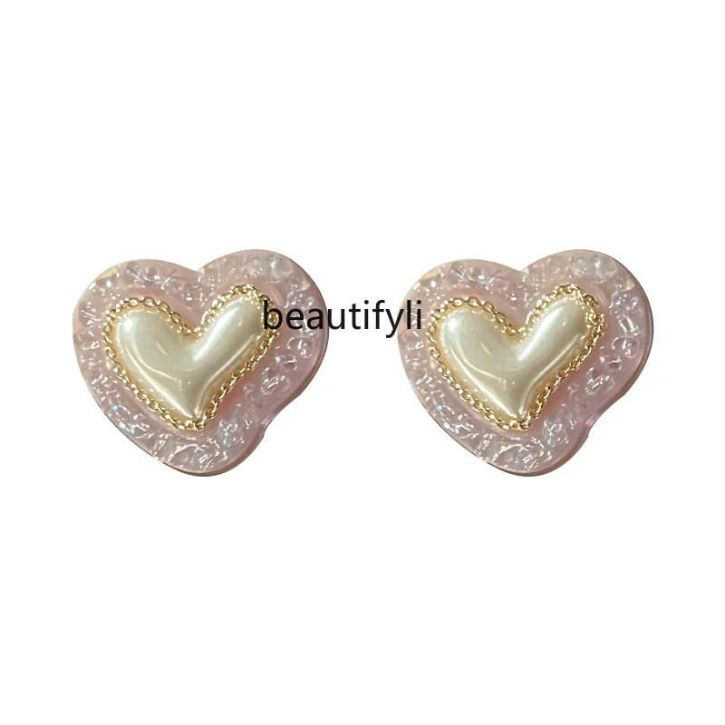 

French Retro Crystal Heart Pearl Earrings, Pink Mist, Sweetheart, Pure Desire, Light Luxury Design, Super Fairy Stud Earrings