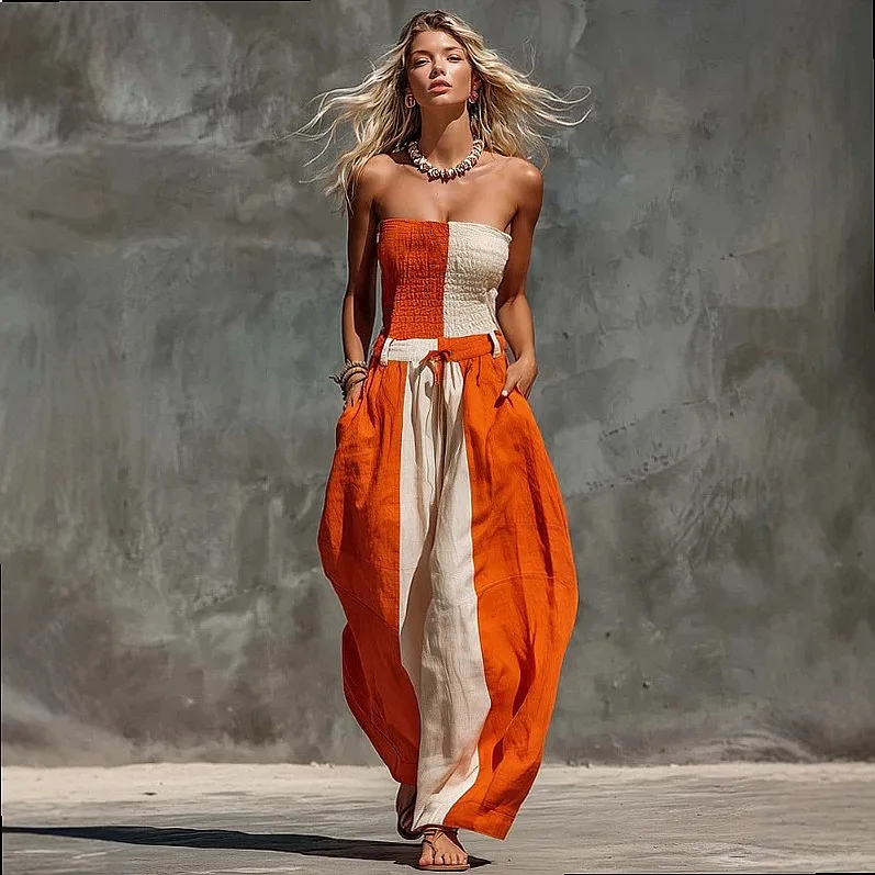Orange Contrast Trim Off Shoulder Jumpsuit Romper Playsuit Spring Summer