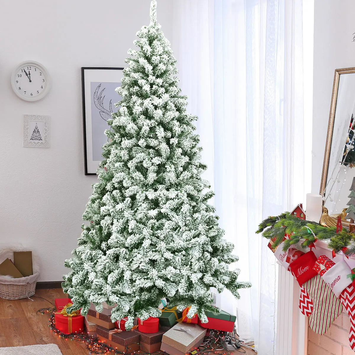 180/225cm Artificial Christmas Tree with Snow, Fir Tree with Metal Stand, Christmas Tree 928/1346 Lace PVC Folding System