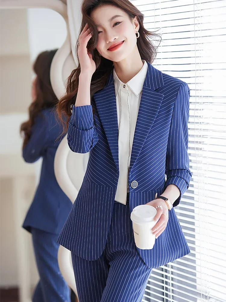 Women's Pant Suit Ladies Black Blue White Stripe Blazer Jacket and Trouser Female Work Wear Formal 2 Piece Set For Autumn Winter