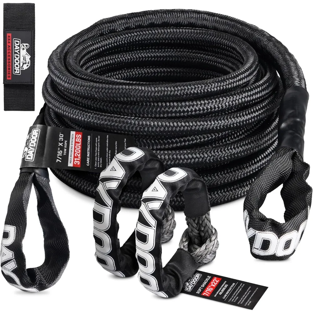 

7/16'' x 30ft Tow Rope, UHMWPE Heavy Duty Tow Strap with 2 Soft Shackles, 31,200 Lbs Synthetic Towing Rope Recovery Kit for ATV