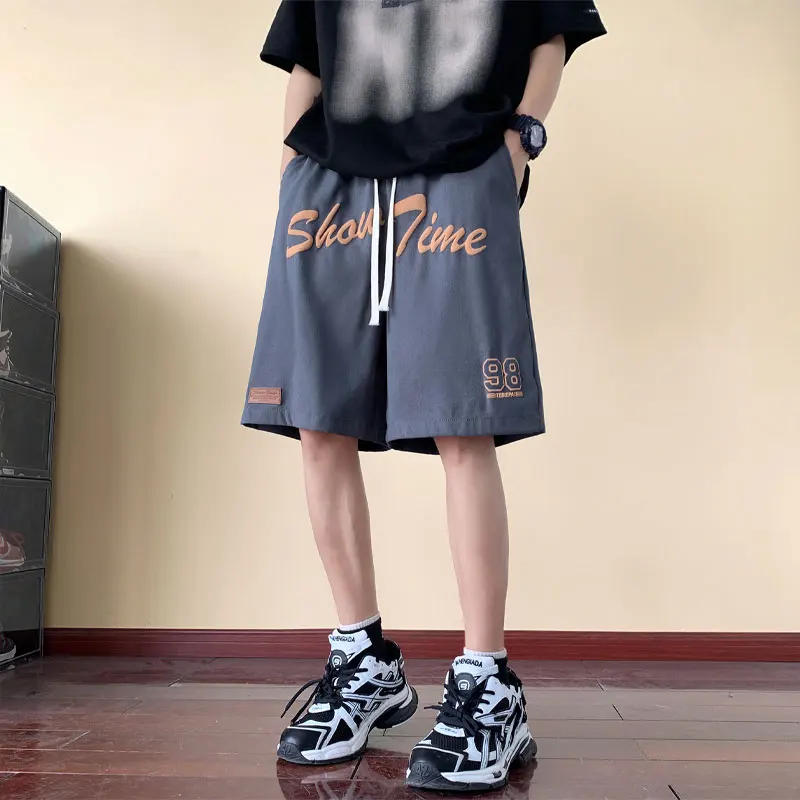 High Street Letter Printed Knee Pants American Retro Mid Waist Elastic Summer Loose Straight Men's Clothing Basic Casual Shorts