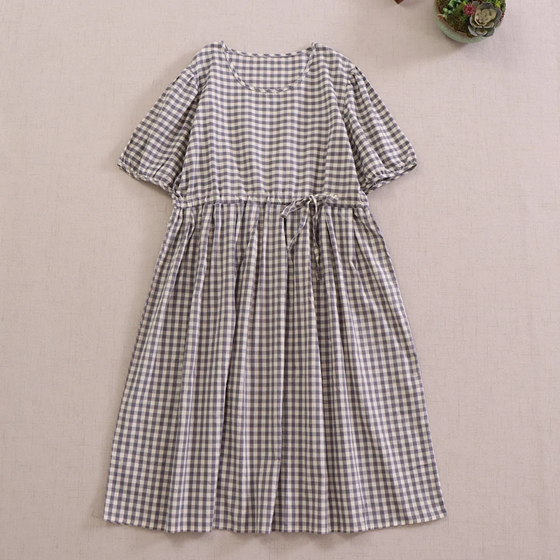 

Japanese Mori Girl Vintage Plaid Drawstring Waist Cotton Dress Women Summer O-Neck Short Sleeve Casual Loose A-Line Midi Dresses