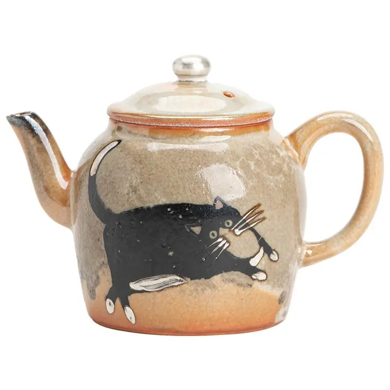 Tea Maker Kettle Handmade Cat Teapot Japanese Wood-Fired Porcelain Pot Tea Filter