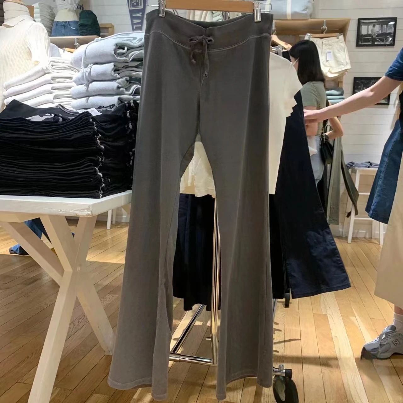 차콜 아이 요가 팬츠 와이드 레그 캐주얼 스트레이트 레그 트라우저 벨 보트 브랜디 BM 비대칭 하이 웨이스트 롱 코튼