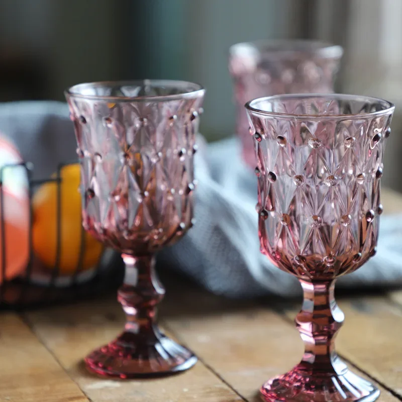 1 Piece 210ml 70z Vintage Beaded Embossed Colored Goblet Green Pink Grey White Wine Glasses Goblets Stemware Glass Cup