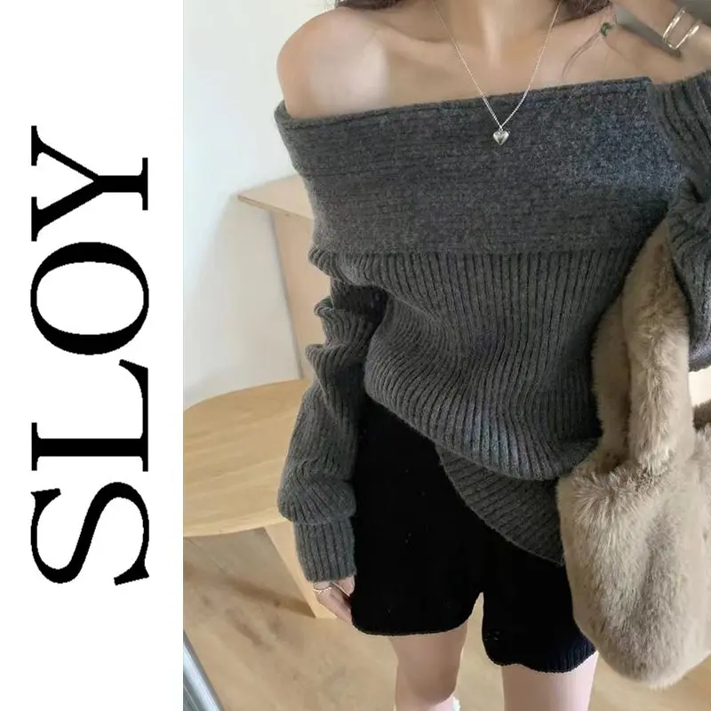 SLOY Thickened One Shoulder Sweater Women\'s Autumn and Winter New Style Pure Desire Spicy Girl Off Shoulder Show Thin Knitted