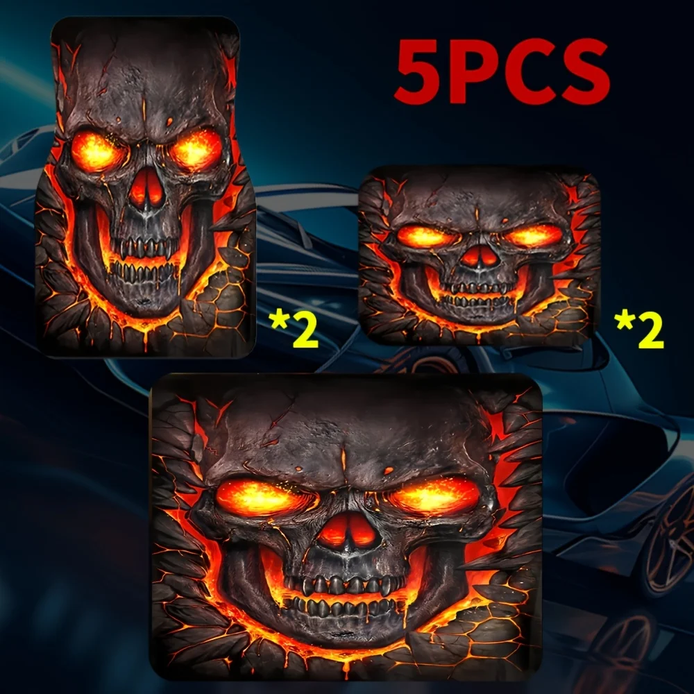 5pcs Universal Car Trunk Mat And Car Floor Mats, Fiery Skull Design With Glowing Orange Eyes, 100% Polyester Fiber, Upgrade Your