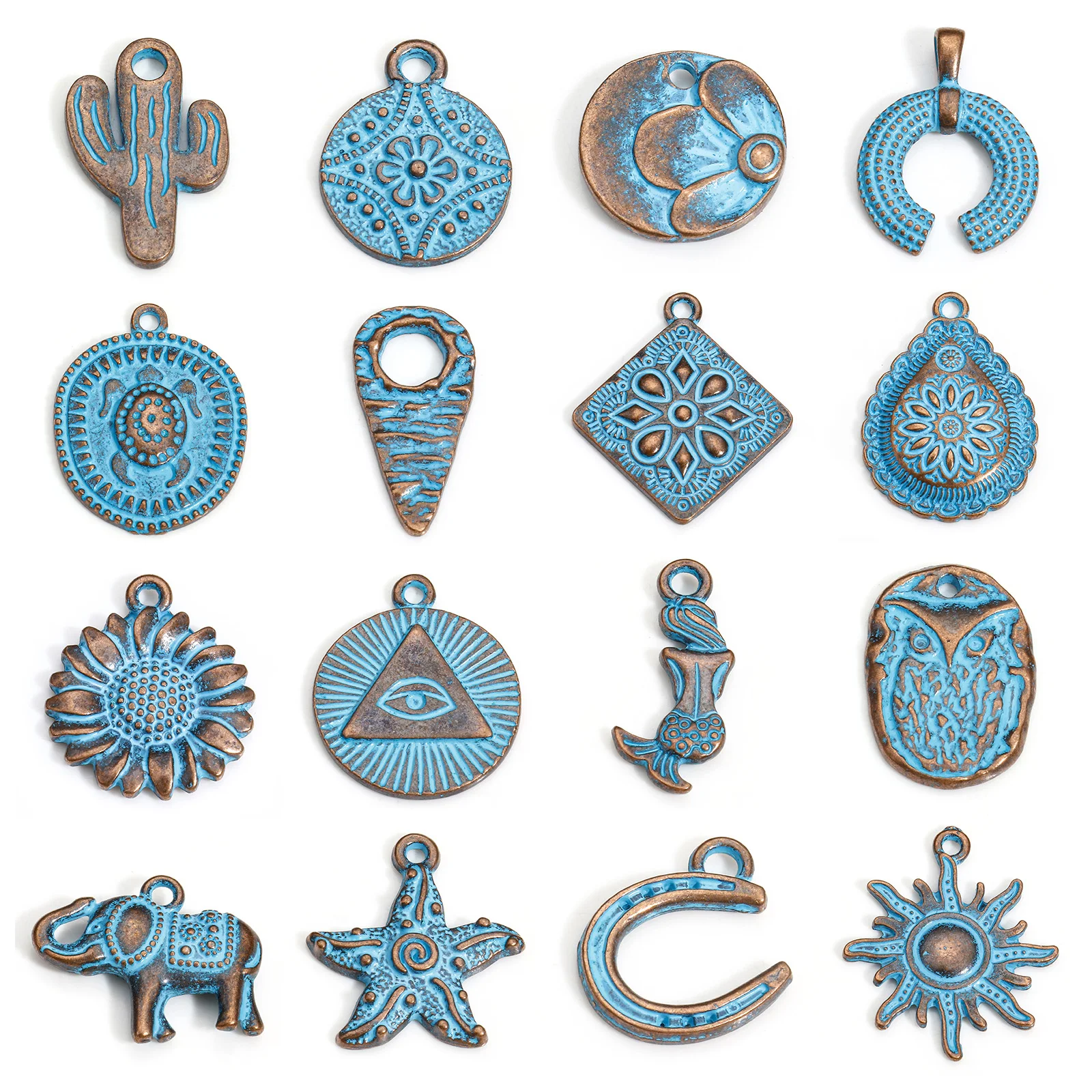 20 sztuk styl boho ocean biżuteria Charms antyczna miedź niebieska patyna geometryczne wisiorki kwiatowe naszyjnik DIY kolczyki biżuteria