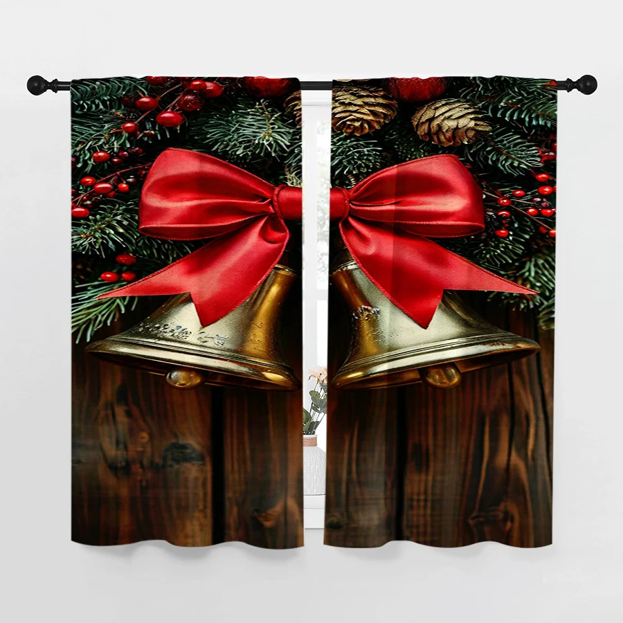 2PCS Christmas Curtains, Gold Bell Red Bow Pine Wood, Digital Print, Bedroom Living Room, Rod Pocket Polyester, Home Decor