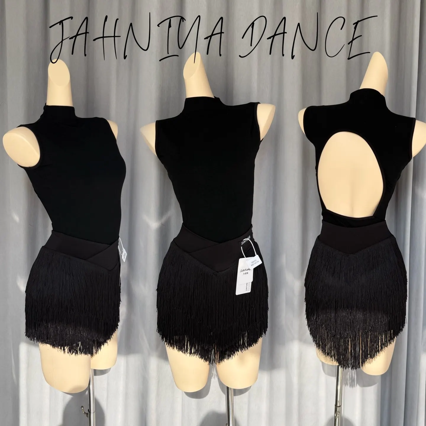 Women's Latin Dance Practice Clothing Sleeveless Backless Leotards Fringed Skirt Black Cha Cha Rumba Samba Dance Dress DNV26045
