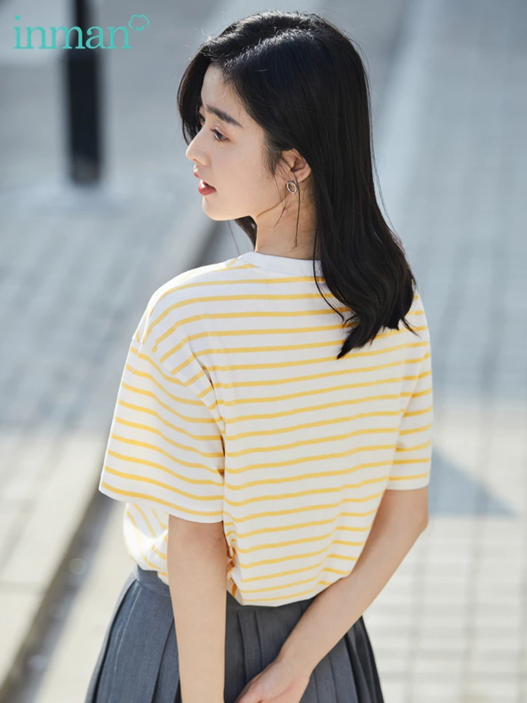 INMAN Summer Women\'s T-shirt Short Sleeve Woman Clothes Stripe Casual Top Women Round Collar Fashion Woman Blouses Ropa Mujer