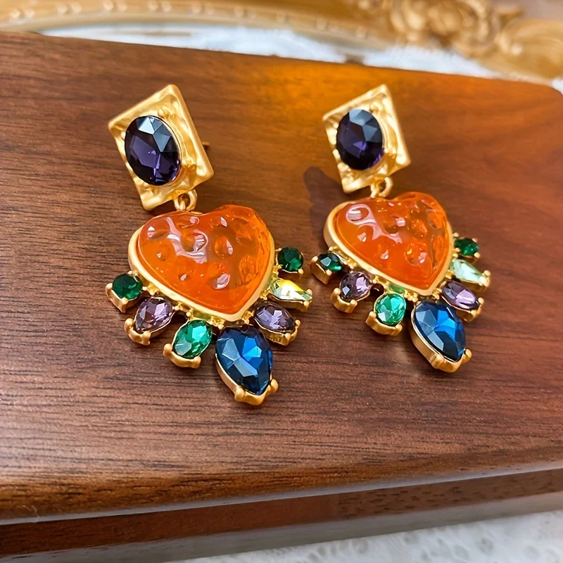 Vintage Exaggerated Exquisite Big Heart Glass Multi Color Crystal Stone Drop Earring Women Fashion Jewelry Accessories