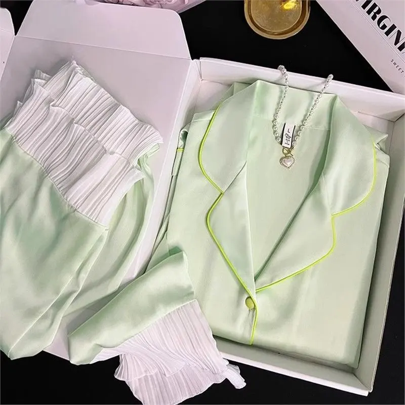 2PCS/Set Ice Silk Pajamas Spring and Summer Lace Edge Sweet Lovely Thin Section Homewear Fashion Soft Simple Solid Loungewear