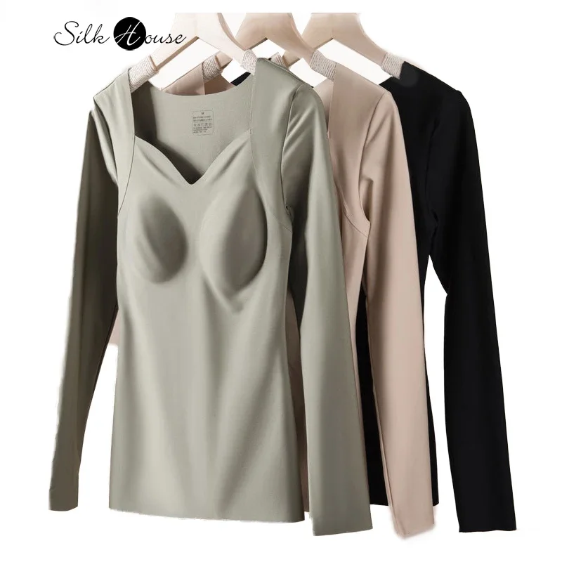 2023 Women's Sexy Autumn and Winter New Real Silk Belt Chest Cushion Warm Top No Wear Bra Latex Cup One Piece Silk Bottom Shirt