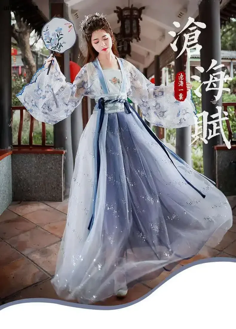 Disfraz tradicional chino Hanfu para mujer, traje de Cosplay de la antigua dinastía Han, vestido de espectáculo de escenario, conjunto de traje de Baile Folclórico chino, 2023