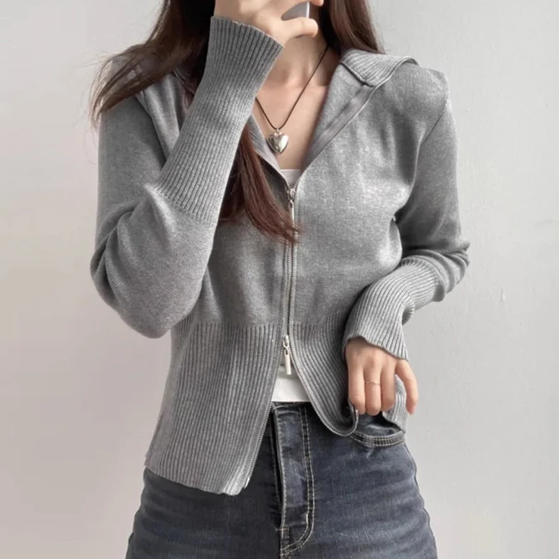 

Gagarich Korean Chic Autumn New French Temperament Big Collar Contrasting Color Double Zipper Striped Knitted Cardigan Sweater