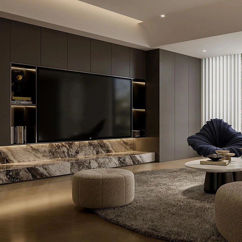 ตู้ไม้สั่งทำสไตล์อิตาเลียนสำหรับบ้านพักตากอากาศ ตู้วางทีวี ตู้เสื้อผ้า ตกแต่งห้องนั่งเล่น ออกแบบกราฟิกสำหรับวิลล่า