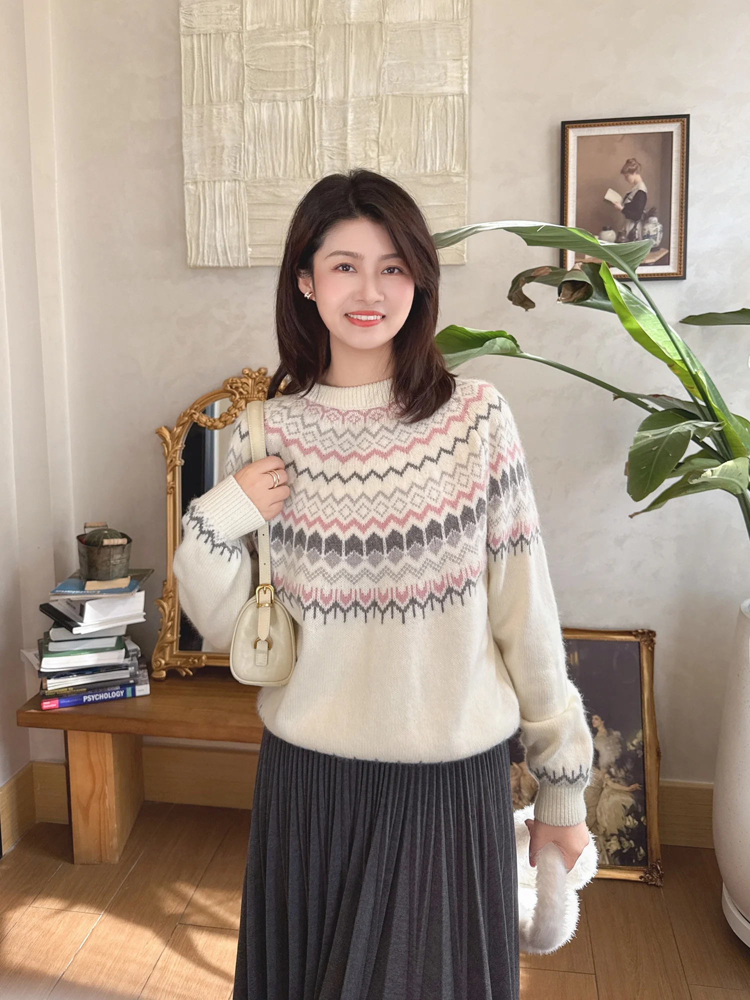 

Вязаный свитер Zillal в стиле ретро с круглым вырезом, свободного кроя, с узором Fair Isle и имитацией медвежьего меха, женский, теплый, винтажный, зимний, в стиле оверсайз