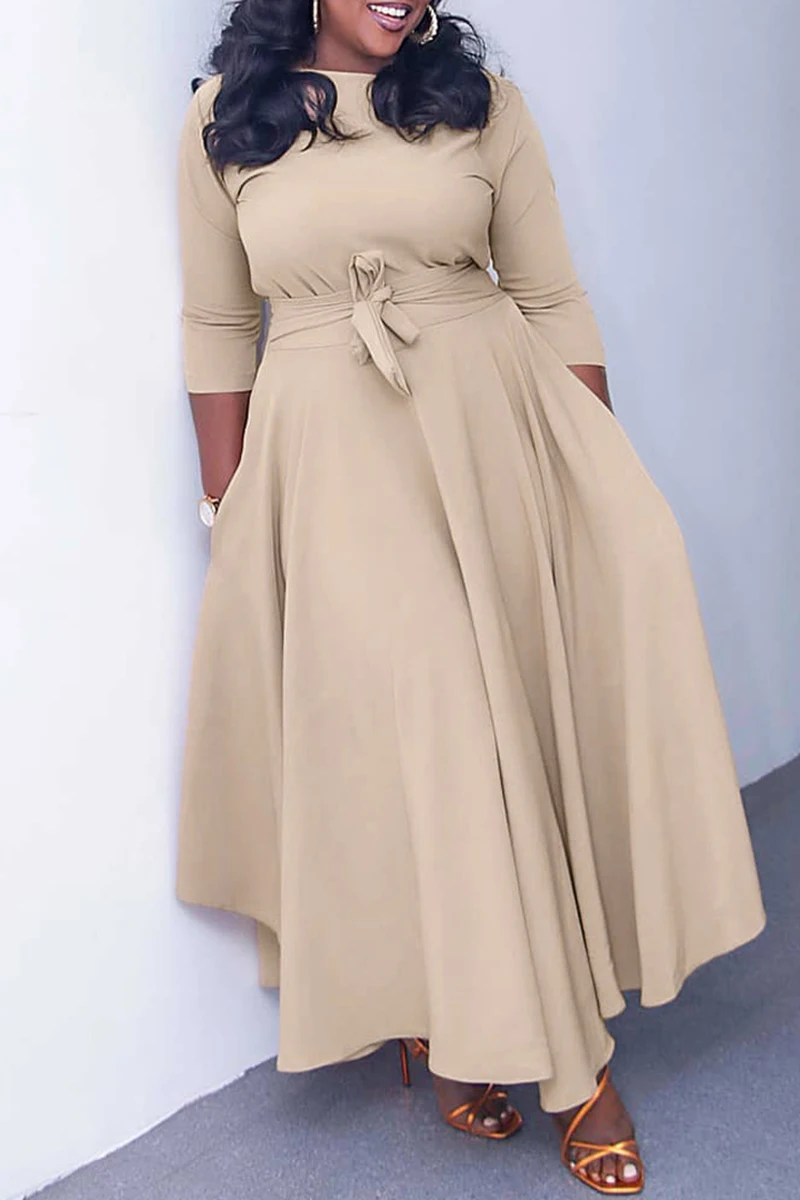 

Plus Size Khaki Casual Round Neck With Pocket Wrap Midi Dress