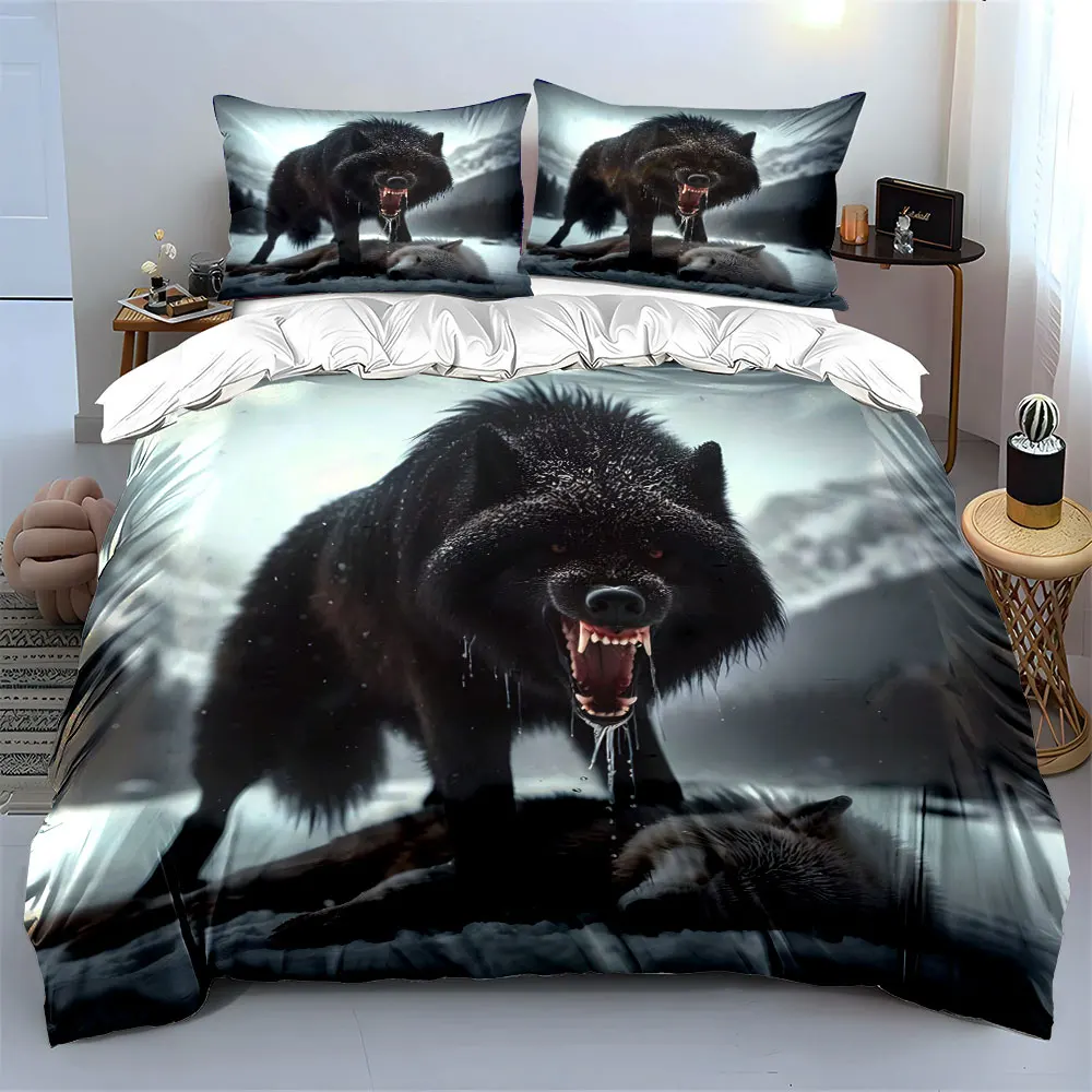 Black wolf roaring in snowy wilderness Duvet Cover Set with 3D Printing Design Soft Polyester Bedding Set All-Season Comfort
