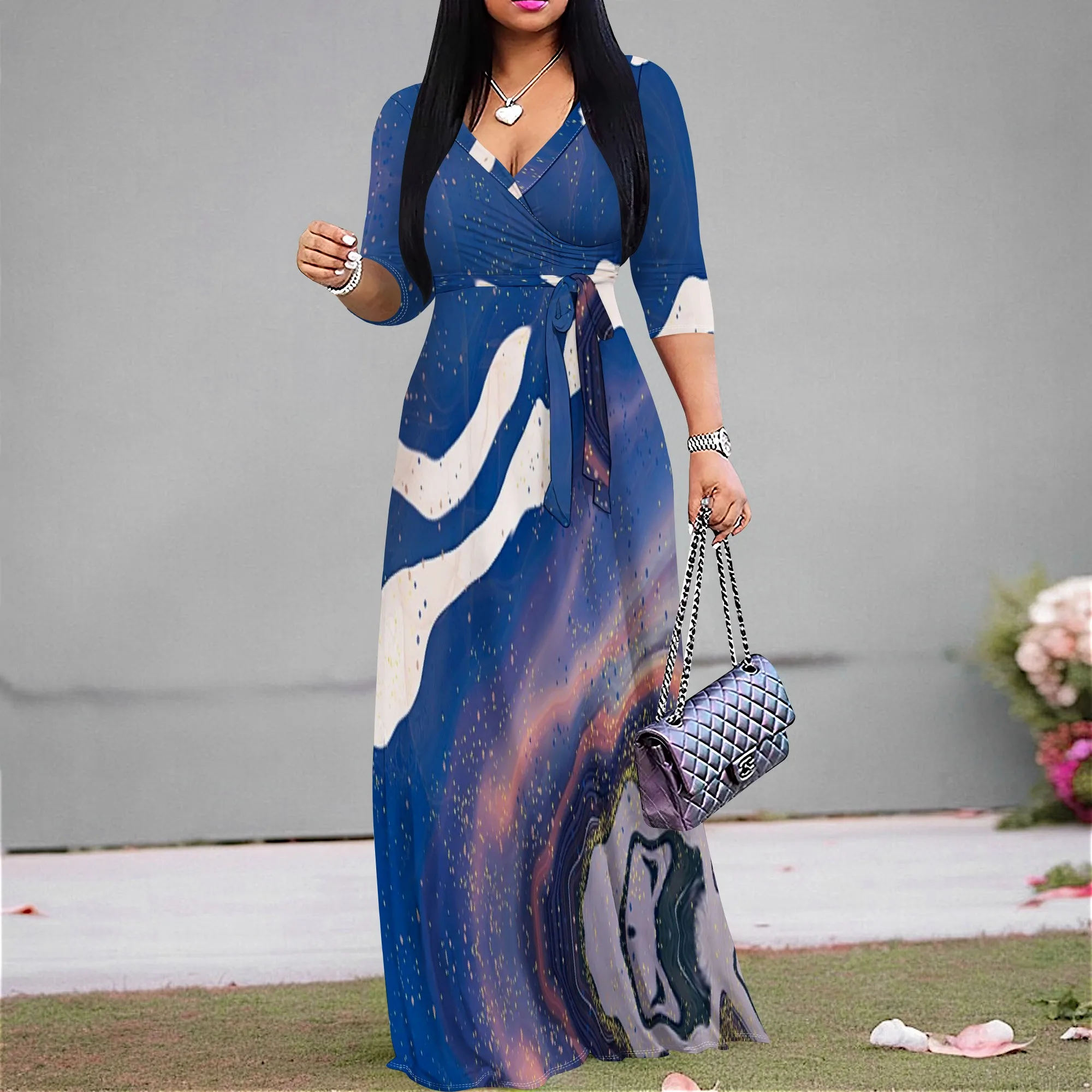 

Elegant Wrap Maxi Dress with Blue & Gold Geometric Print - Perfect for Evening Parties & Special Events | S-3XL