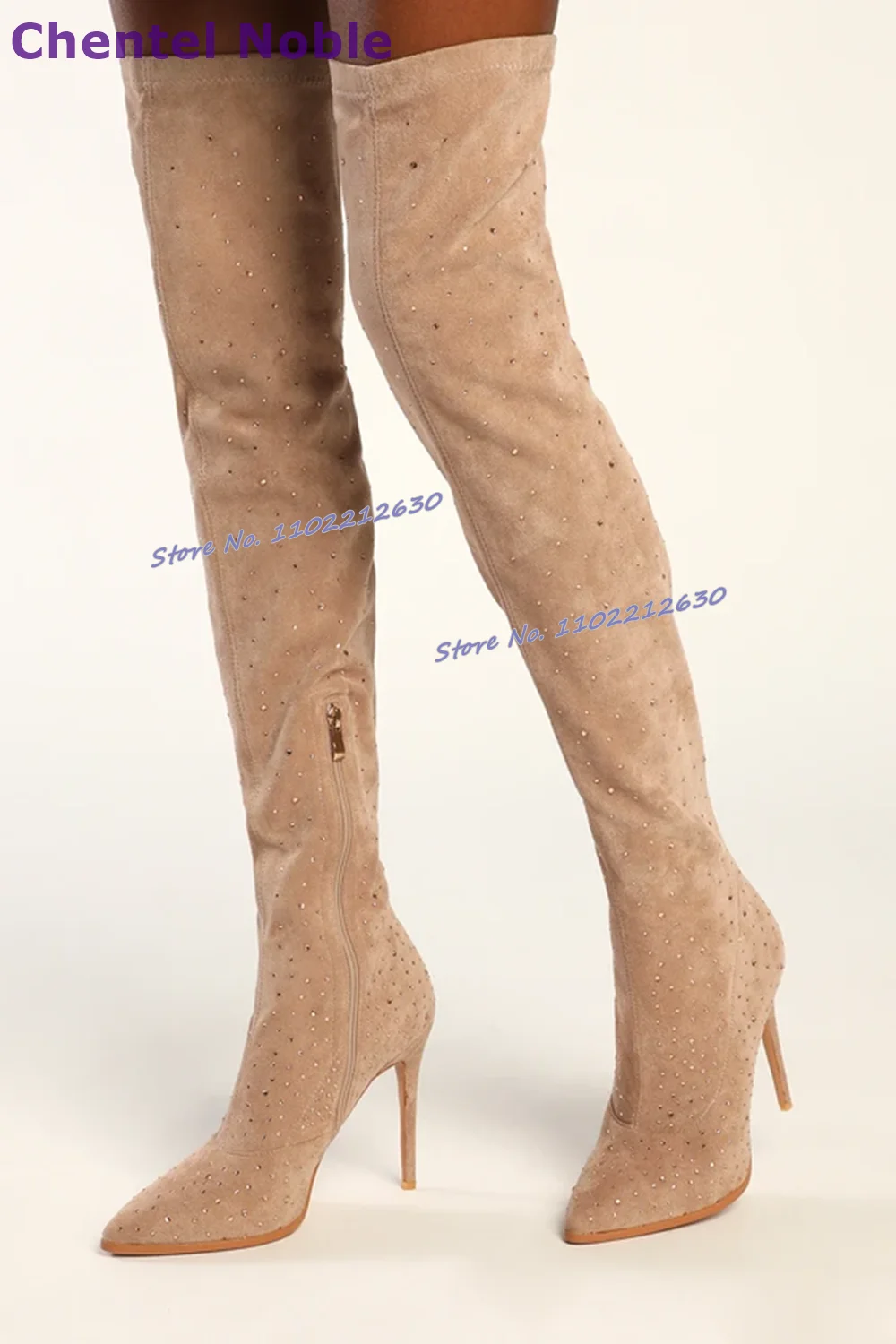 

Classic Suede Thigh High Boots Rhinestone Pointy Toe Thin High Heel Zipper Boots Solid Fashion Sexy All Match Winter Women Shoes