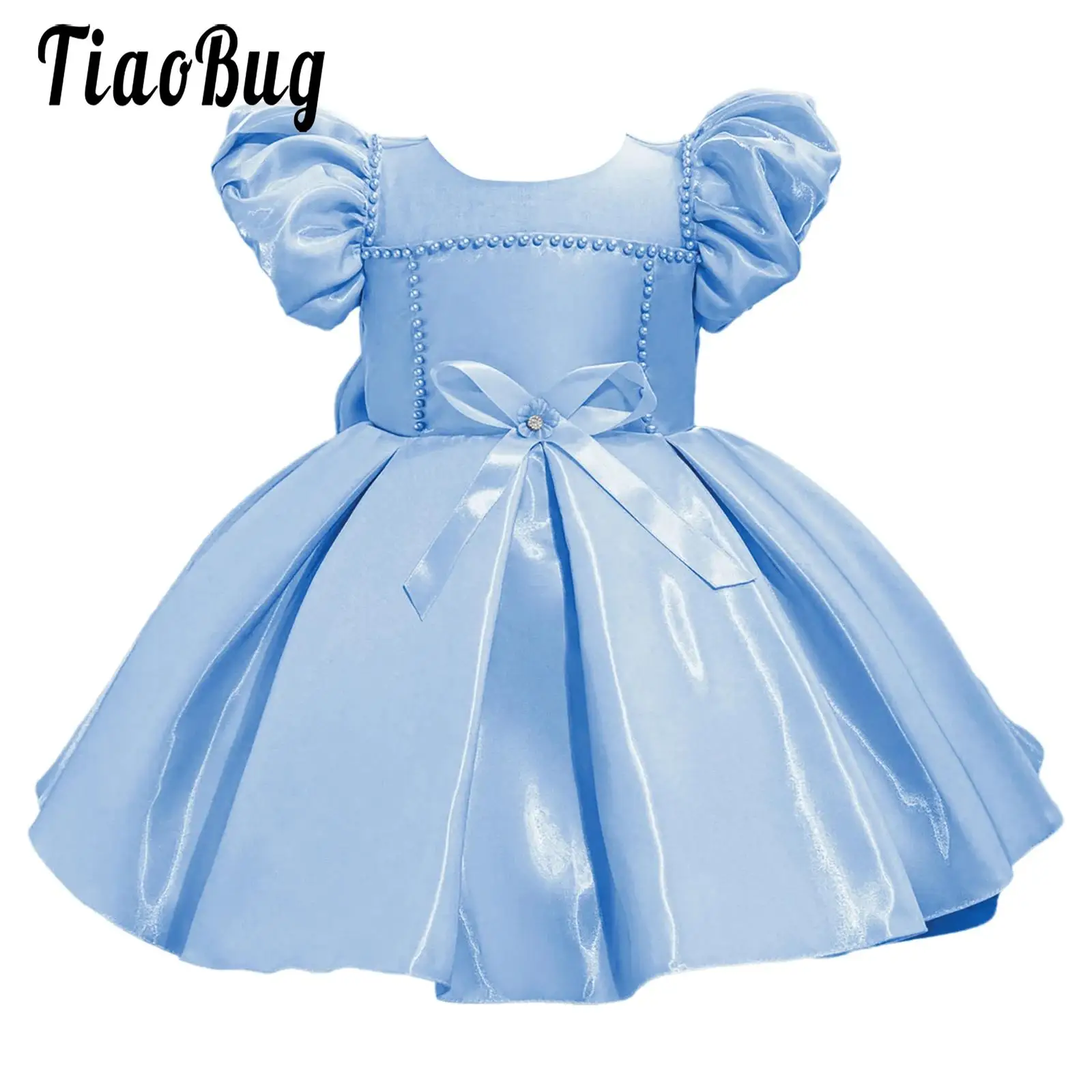 

Little Girls Elegant Party Princes Dress Puff Sleeve Bow Satin Flower Girl Dress for Baptism Birthday Wedding Evening Pageants