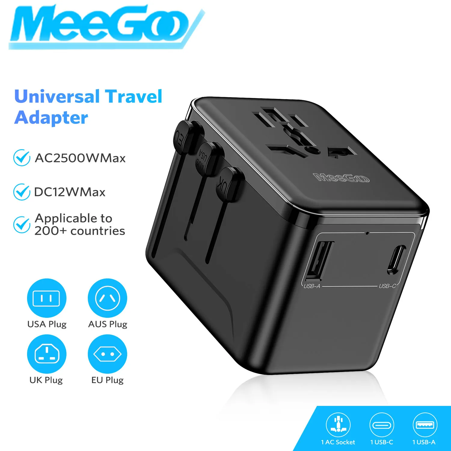 

MeeGoo Universal International Travel Adapter Fast Charging with USB+Type C Plug Portable Charger Wall Charger Adapter Phone