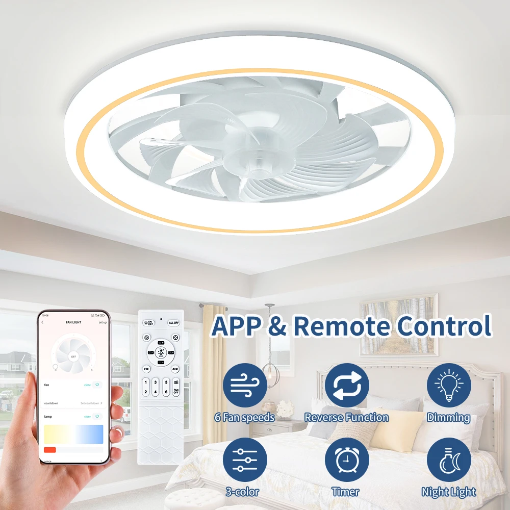 Lampe de ventilateur de plafond LED, application mobile et télécommande, éclairage silencieux à gradation illimitée, salon, lustre de plafond de chambre à coucher