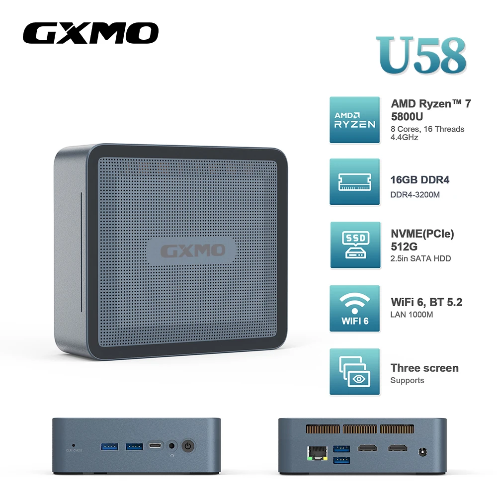 GXMO U58 Mini PC Intel i5-1135G7 AMD Ryzen 7 5800U 16GB DDR4 512GB SSD WiFi6 BT5.2 4K Output 1000M Desktop Game Mini Computers