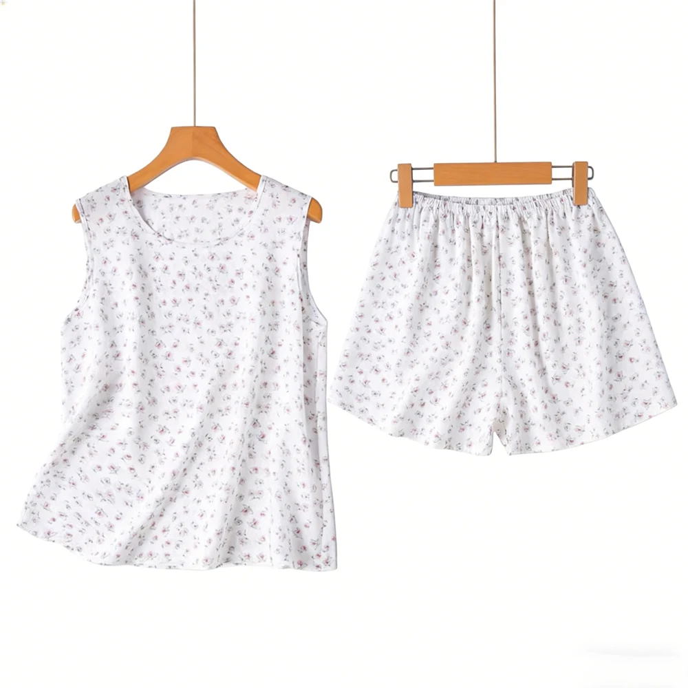 Women's Casual Summer New Cool 100% Natural Mulberry Silk Crepe De Chine Round Neck Vest Shorts Skin Friendly Print Set