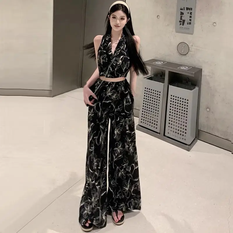 2-Piece Set Casual Slim Print Crop Top Trousers Suit Wide-Leg Pants Outfit Female Clothes 2024 New Arrival