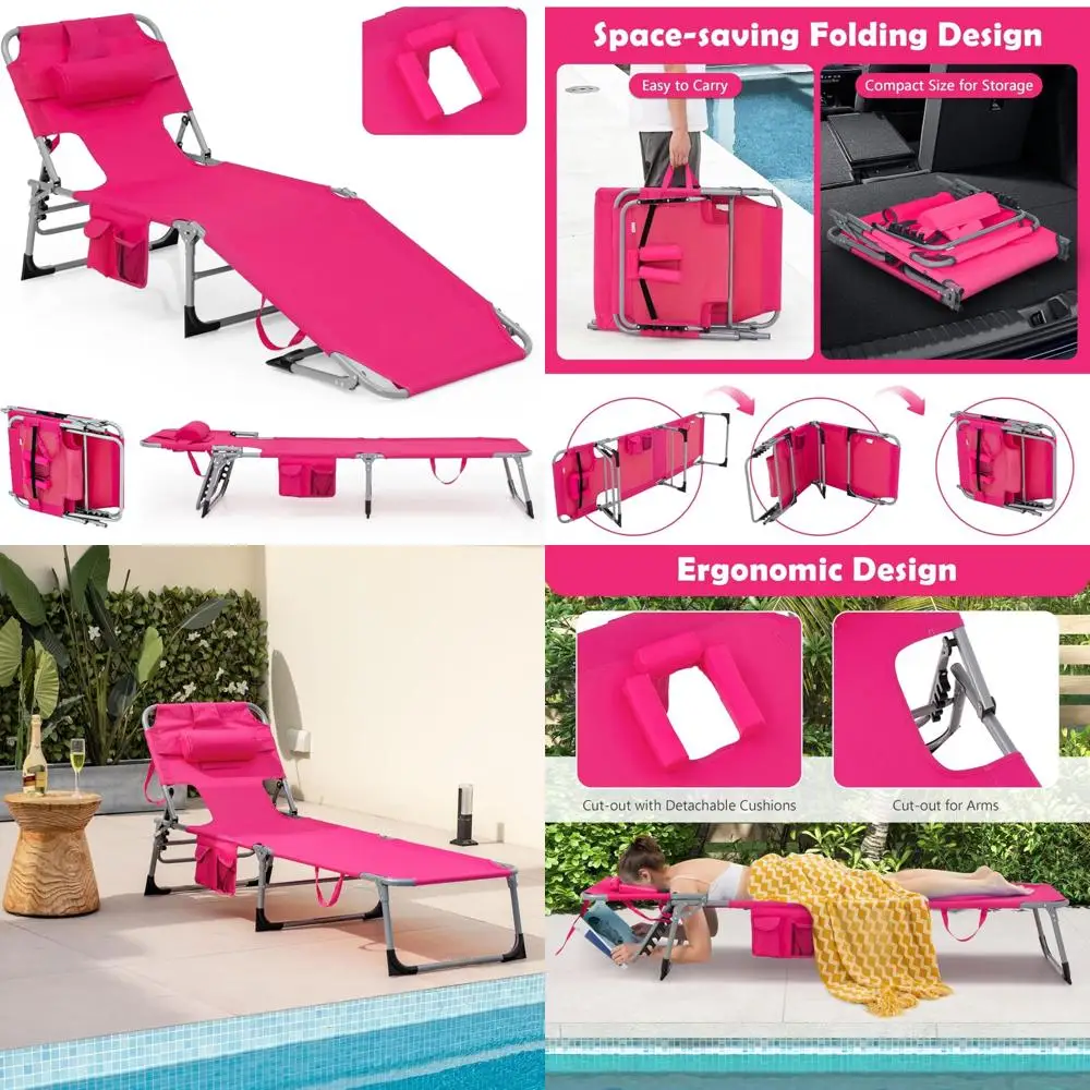 

Adjustable Backrest Tanning Chair with Face and Arm Holes, Detachable Pillow, Side Pocket, Carry Handle, Outdoor Beach Lounger