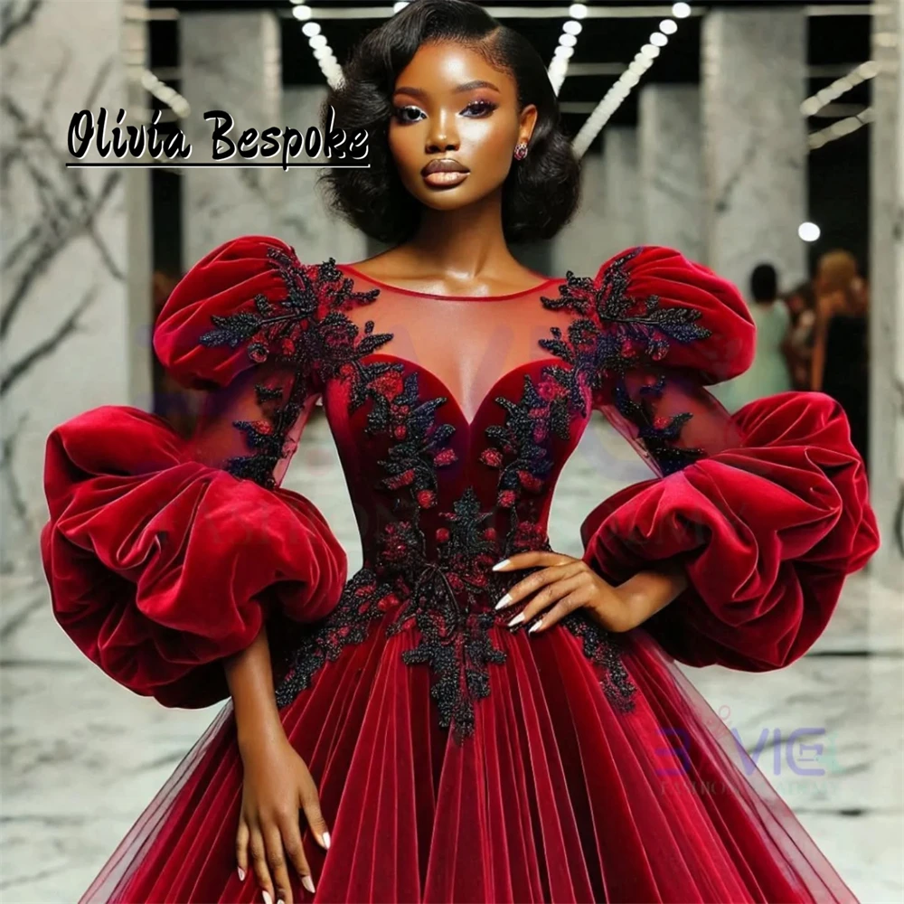 Rose Red Velvet Puff Long Sleeve Aso Ebi Ball Gown Evening Dresses 2025 Count Wedding Prom Gowns African Bridal Dress Customized