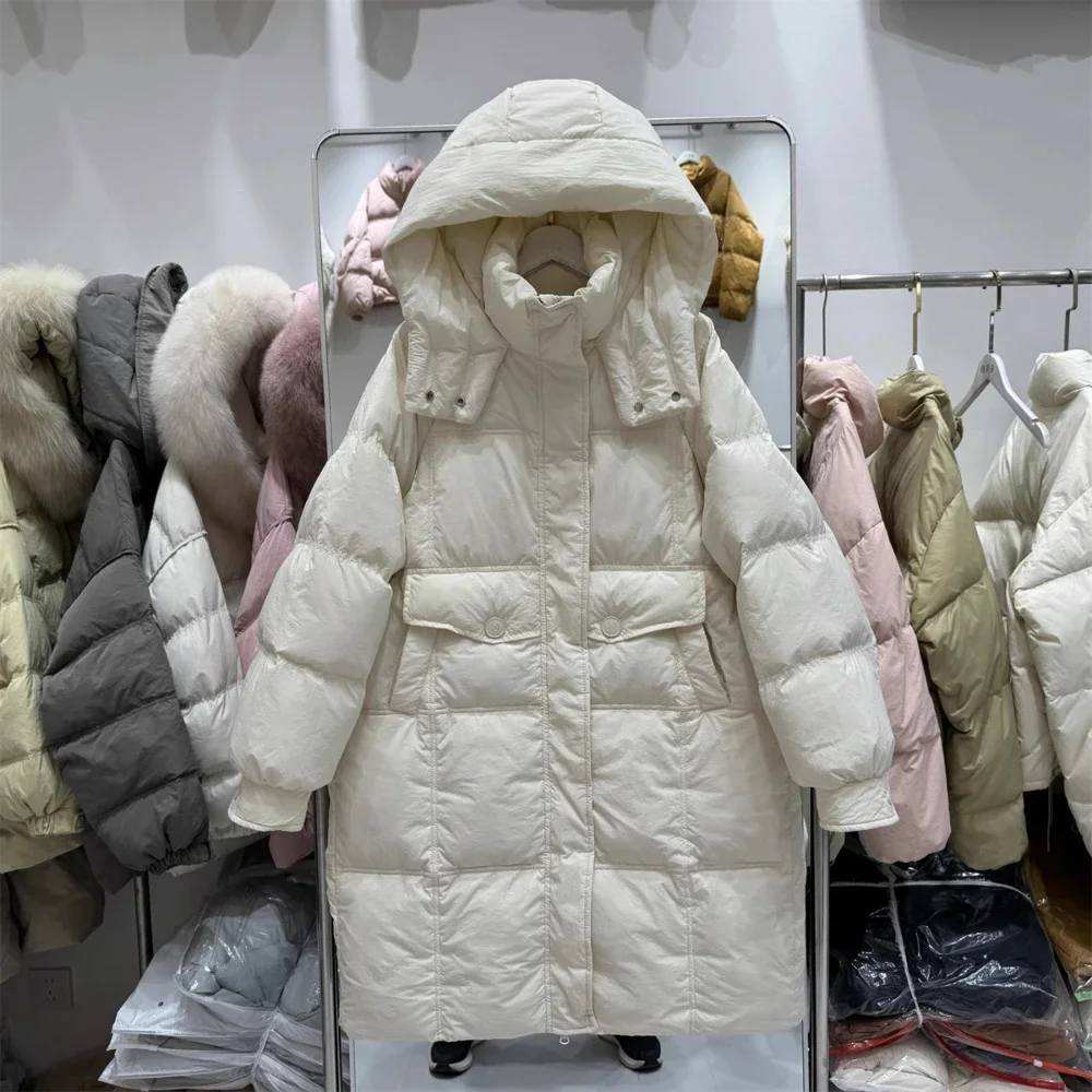 New Autumn Winter Down Top Clothes Women Fashion Thick Warm White Duck Down Coat Hooded Long Puffer Jacket Female 2025
