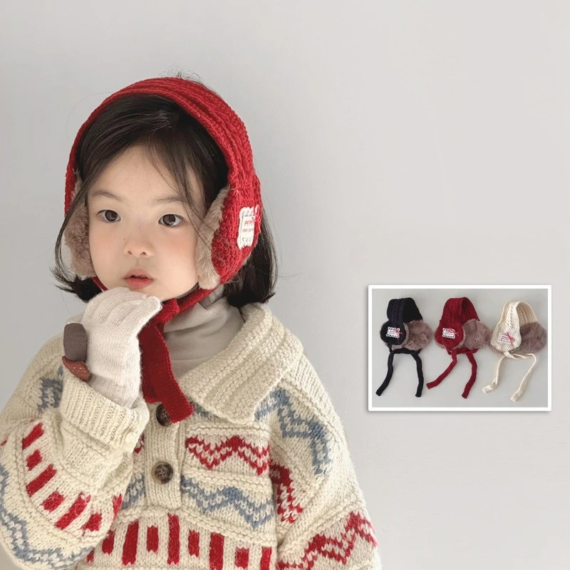 Korean Fahion Kids Ear Muffs Winter New Ins Girl Lace Tie Knitted Thicken Warm Hair Ear Covers Soft Baby Ear Warmer Headband