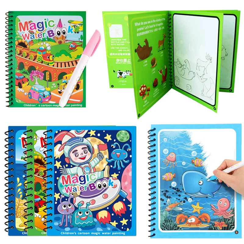 1 Set Magic Water Drawing Book Colorful Montessori Reusable Painting Book with Water Brush Birthday Festival Graffiti Gift ZYF