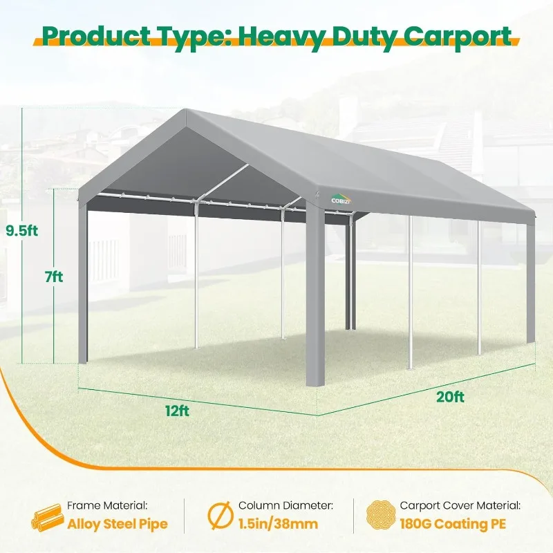 مظلة Carport 12x20 جراج محمول عالي التحمل 2.0، مظلة سيارة، ترقية خيمة السيارة مقاومة للماء والأشعة فوق البنفسجية مع مدمج