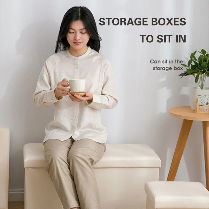 3-In-1 Foldable Pu Leather Storage Stool Multifunctional Home Storage Box Shoe Change Stool Toy