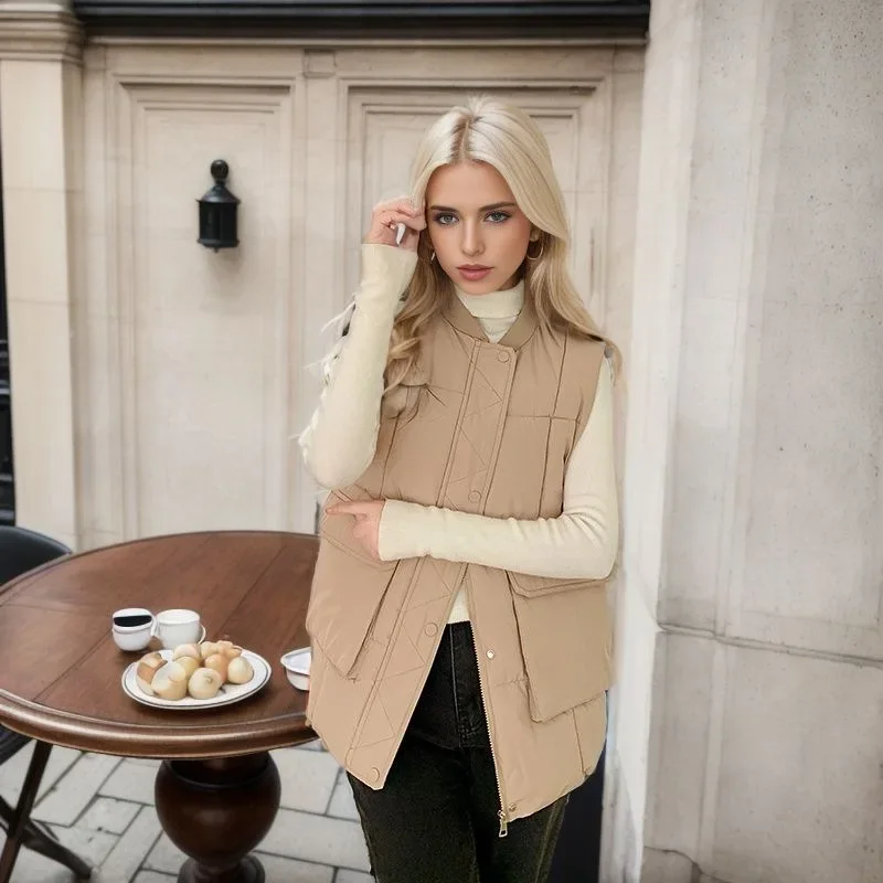

2025 Women's Winter Vest Cotton Jacket Female Lager Pocket Casual Sleeveless Coats Women Pure Color Thicken Warm Jacket Coats