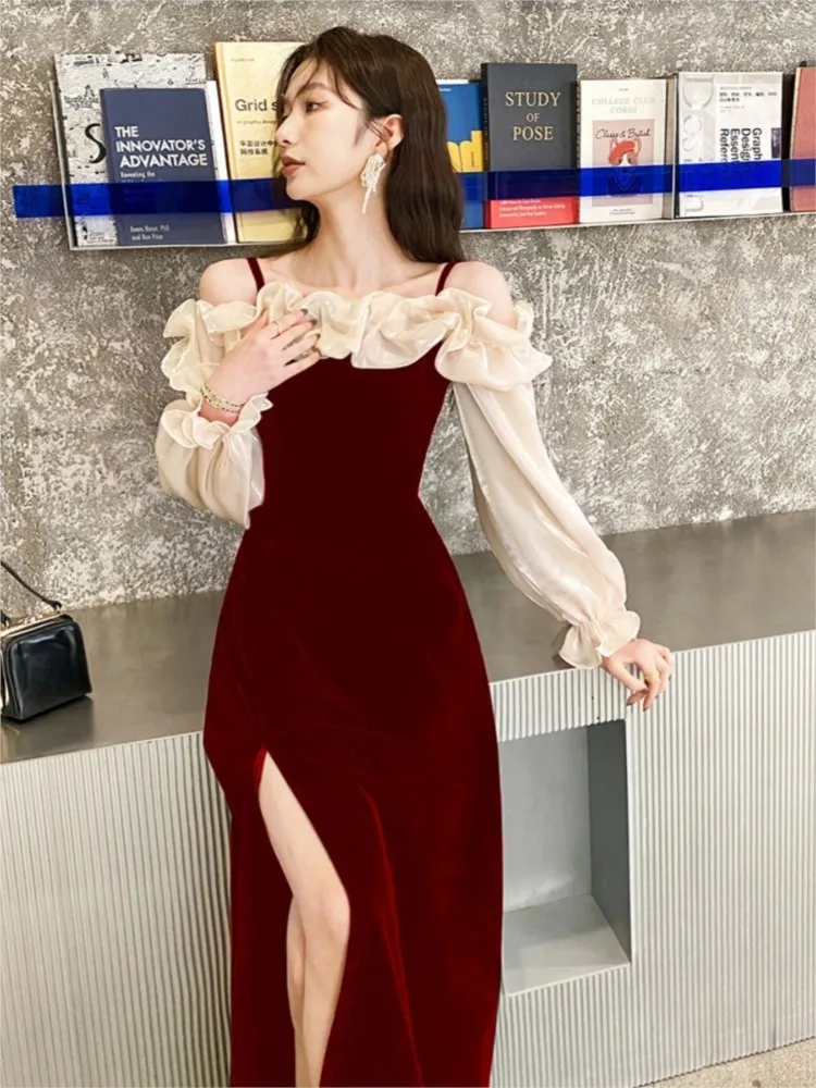 

Elegant Slash Neck Red Ruffles Wedding Prom Robe for Women Puff Sleeve Off Shoulder Split Evening Party Dress Female Vestidos