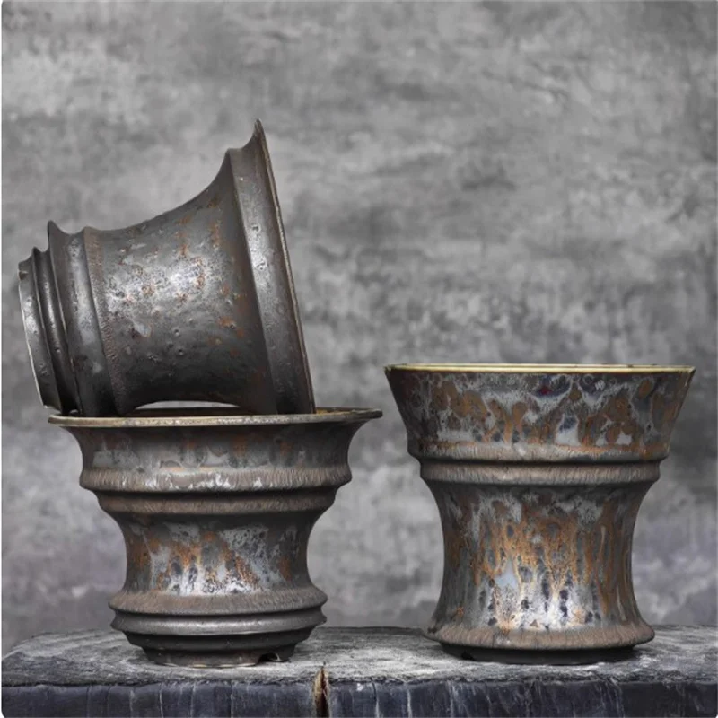 Vaso de Porcelana Esmaltada Marrom Metálico para Raízes, Vaso para Cactos Pachypodium Agave, Pequeno Vaso de Flores, Vaso para Bonsai