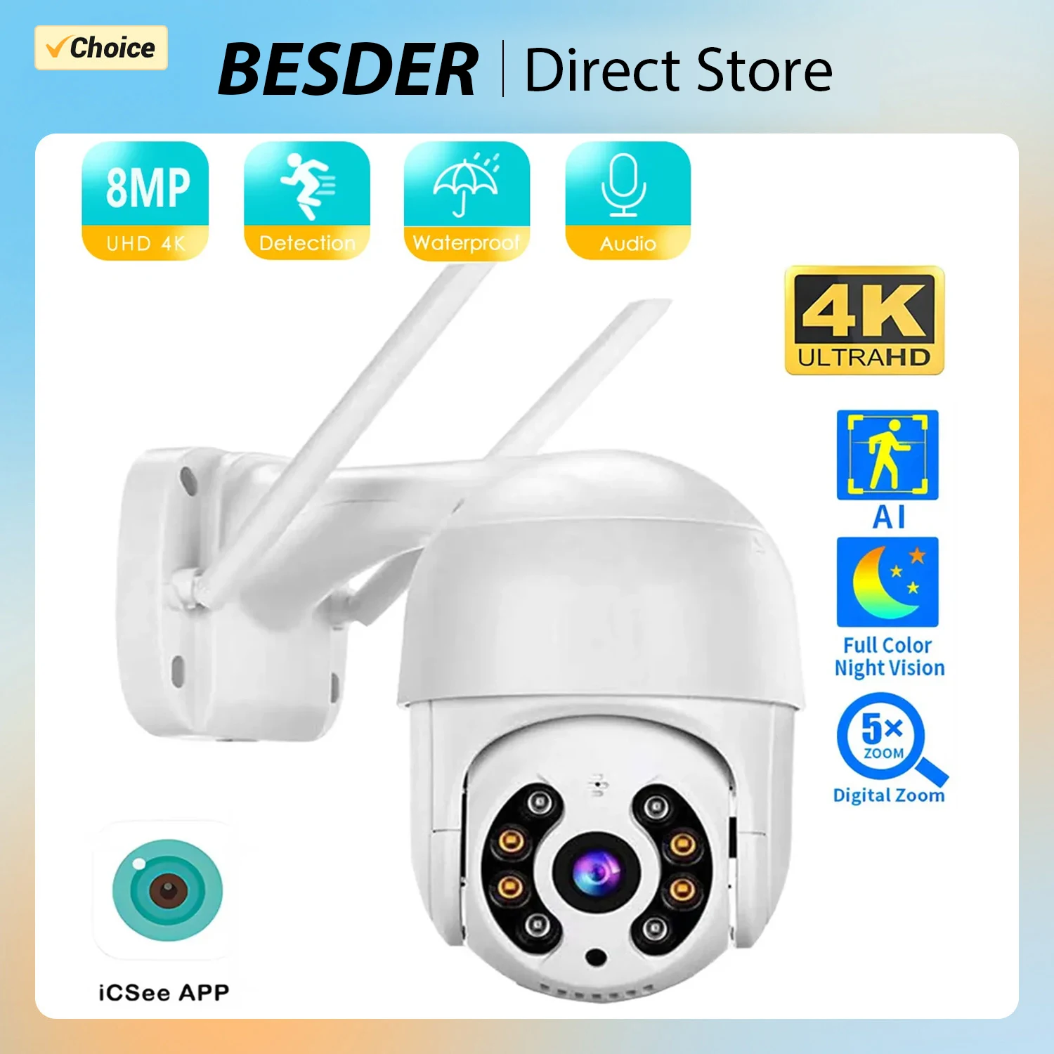 

4K 8MP Wifi Camera PTZ CCTV Surveillance Camera Outdoor Waterproof Color Night Vision Auto Tracking 4MP 2MP IP Camera ICSEE APP