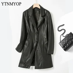 Spring Clothing Fashion Women Long Leather Trench Female High Street Button Faux Leather Jacket Coat YTNMYOP