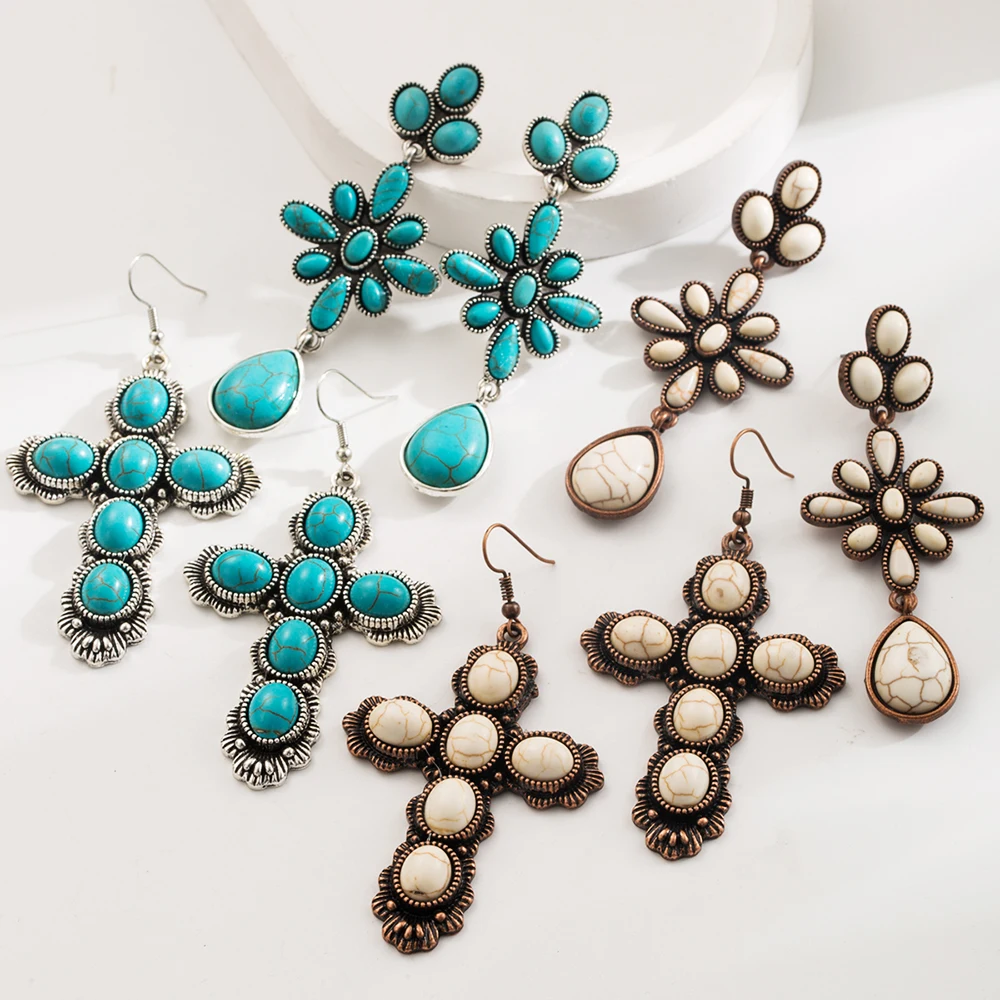 Amazon's Popular Retro Cross Inlaid Turquoise Earrings For Women, Bohemian Ethnic Style Earrings Wholesale